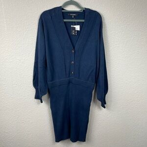 NWT Toccin NY Felicity Cardigan Button Sweater Dress Rib Knit Midnight Blue Sz M